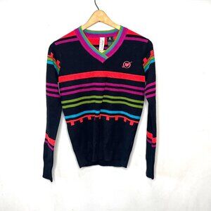 Obermeyer Womens V-Neck Striped Sweater‎ Size S 70% Acrylic 30% Wool Multicolor